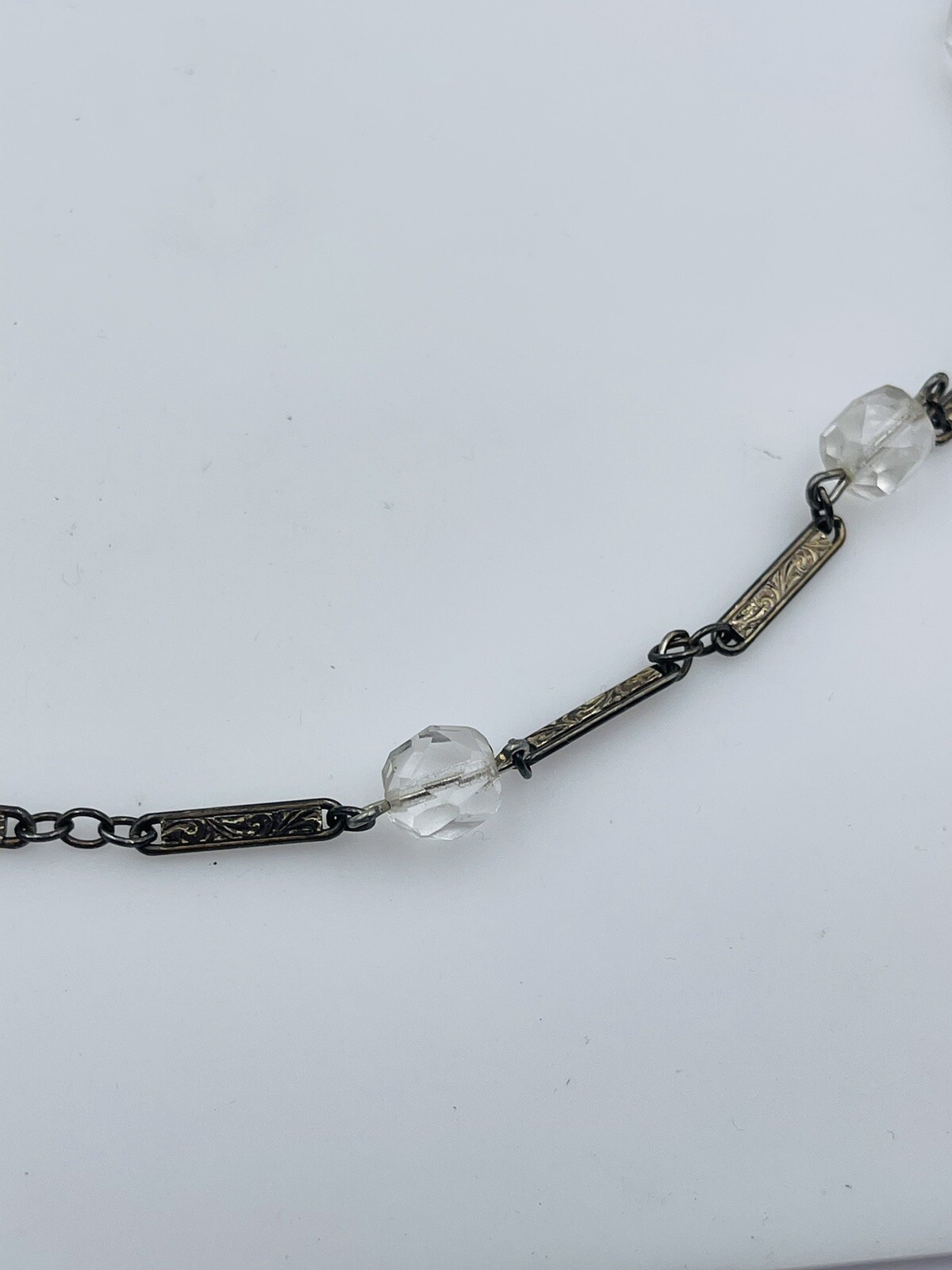Antique Sterling Silver Ornate Bar Link Glass Bead Station Chain Necklace