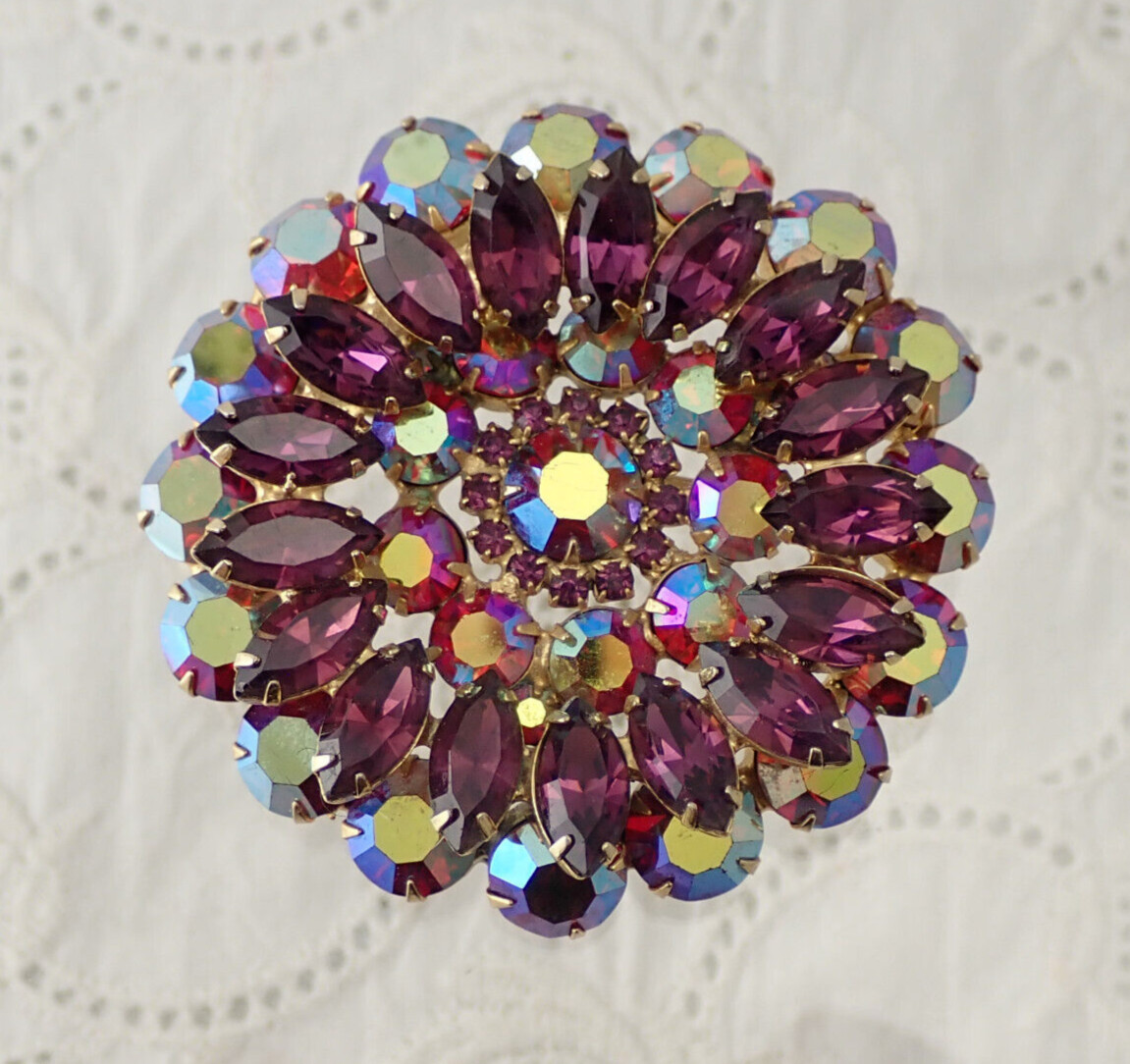 Massive Vintage Juliana Purple AB Red Rhinestone Layered Flower Pin Brooch