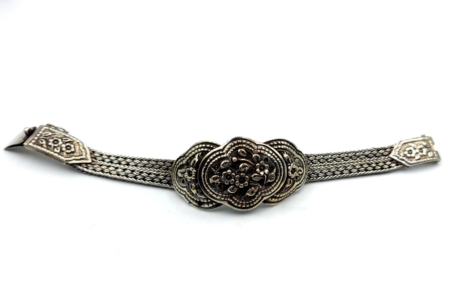 Vintage BALI 925 Sterling Silver Woven Floral Repousse Wheat Chain Bracelet