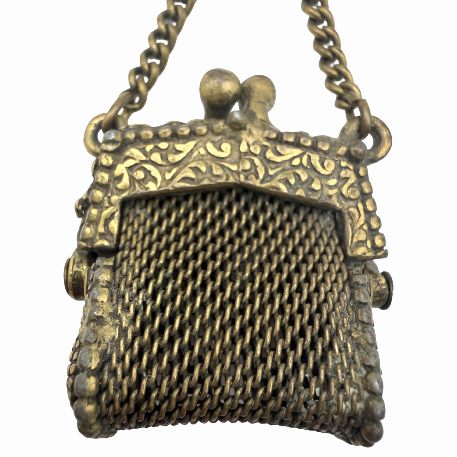 Vintage Fleur de Lis Mesh Coin Purse Brooch Chatelaine Pin Ornate Brass Tone