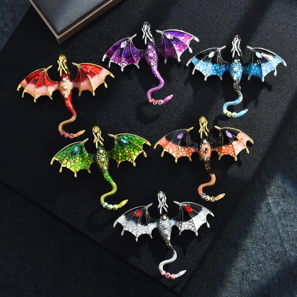 Enamel Dragon Brooch For Women Men 6-color Rhinestone Flying Legand Animal Pins