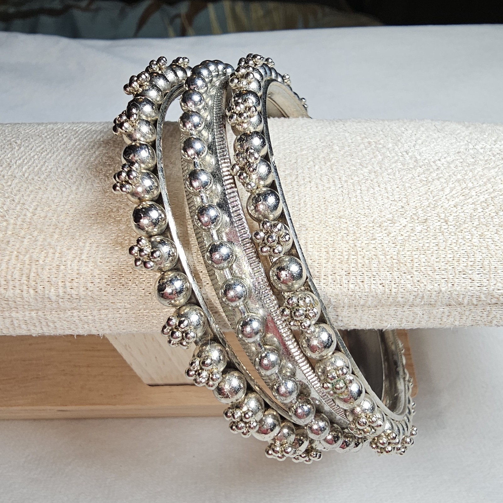 SET OF 3 Vintage Rajasthani Style BANGLE BRACELET Beaded Tribal Silvertone 8.25″