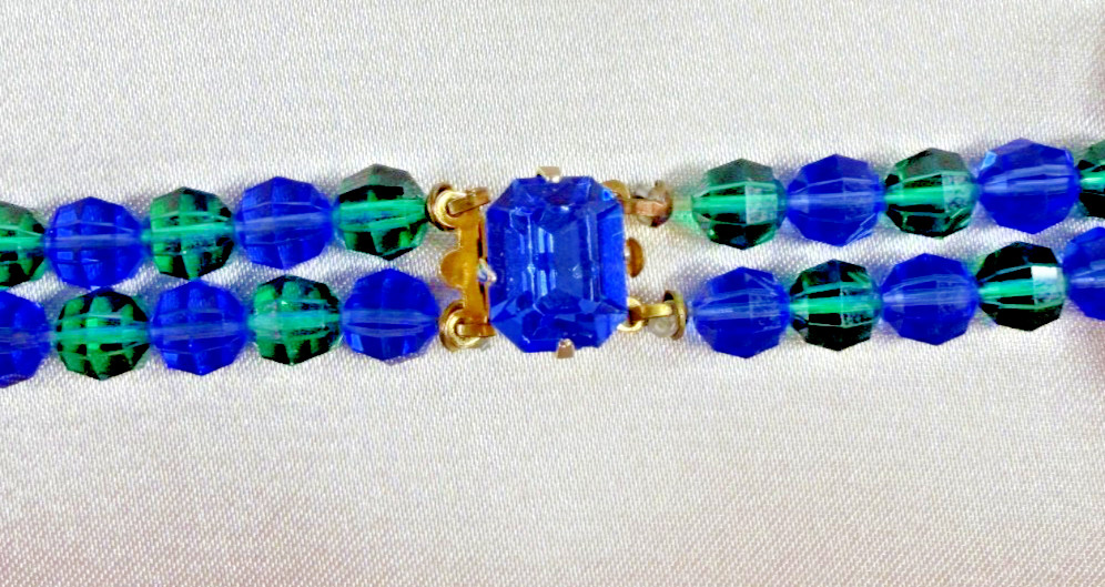 Vintage Blue & Green Faceted Glass Beaded Necklace Clip Earrings Set
