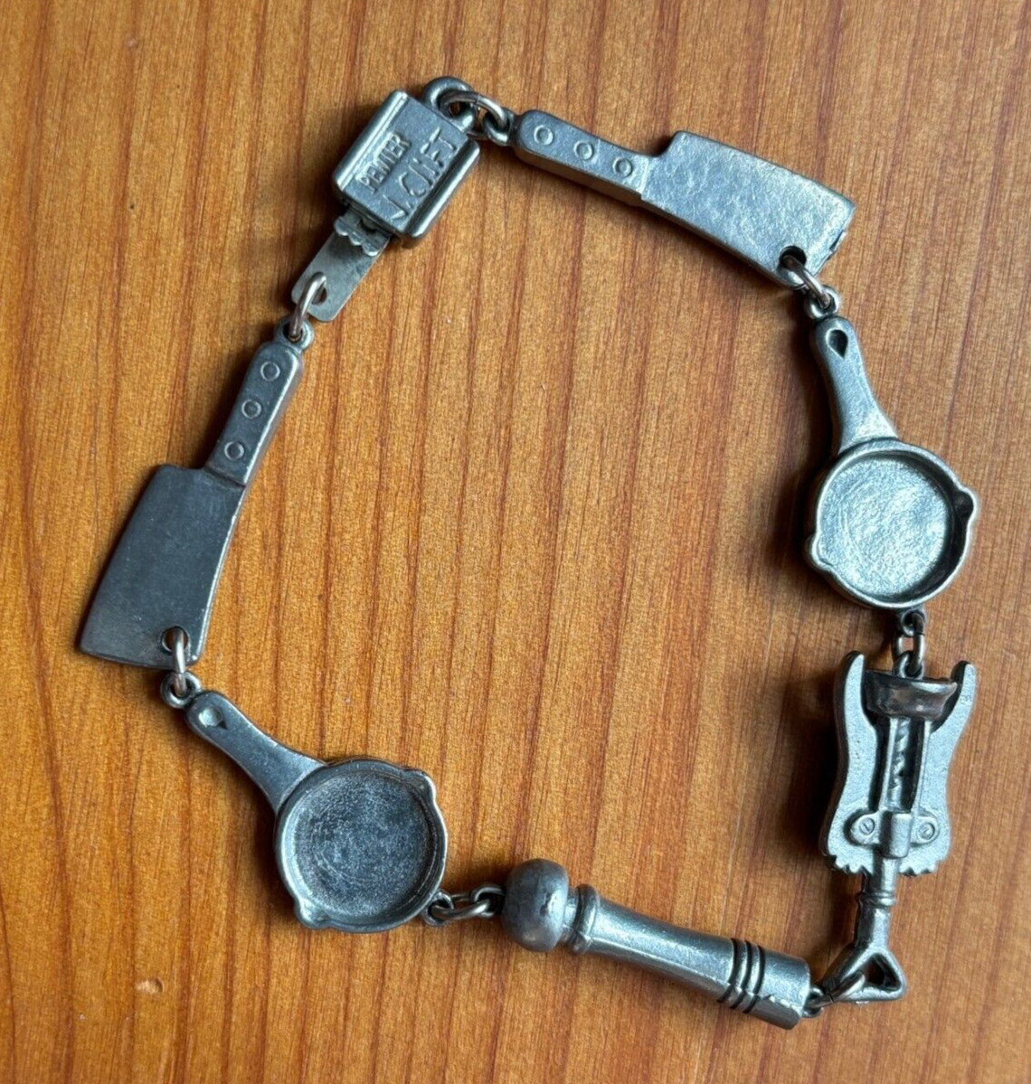 Vintage J. Clift Pewter Bracelet Chef Theme Linked Charms Cook Kitchen 7-1/2in