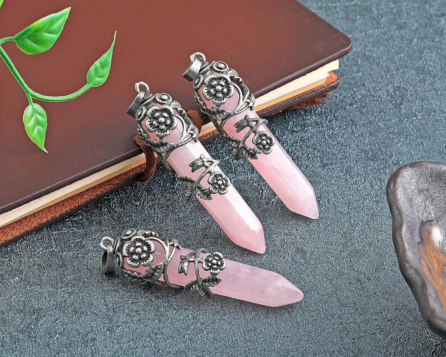 Antique Silver Flower Wrapped Natural Rose Quartz Healing Crystal Necklace Mothe