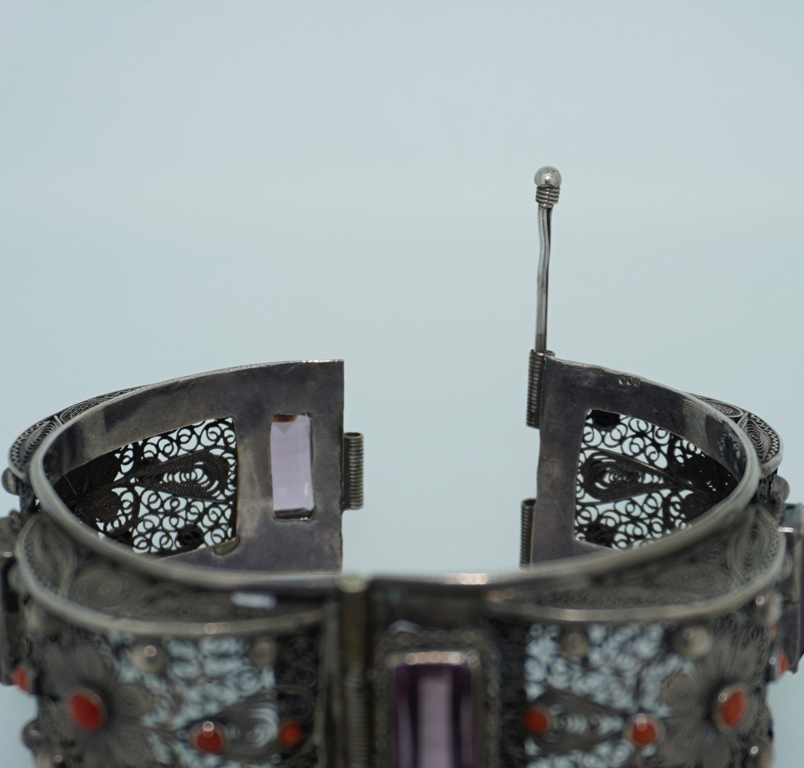 Vintage 800 Cannetille Coral & Amethyst Glass Bracelet