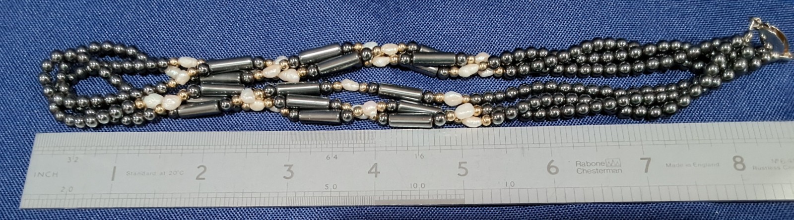 Obsidian Bead three strand necklace with Freshwater Pearls & goldtone Beads 18″