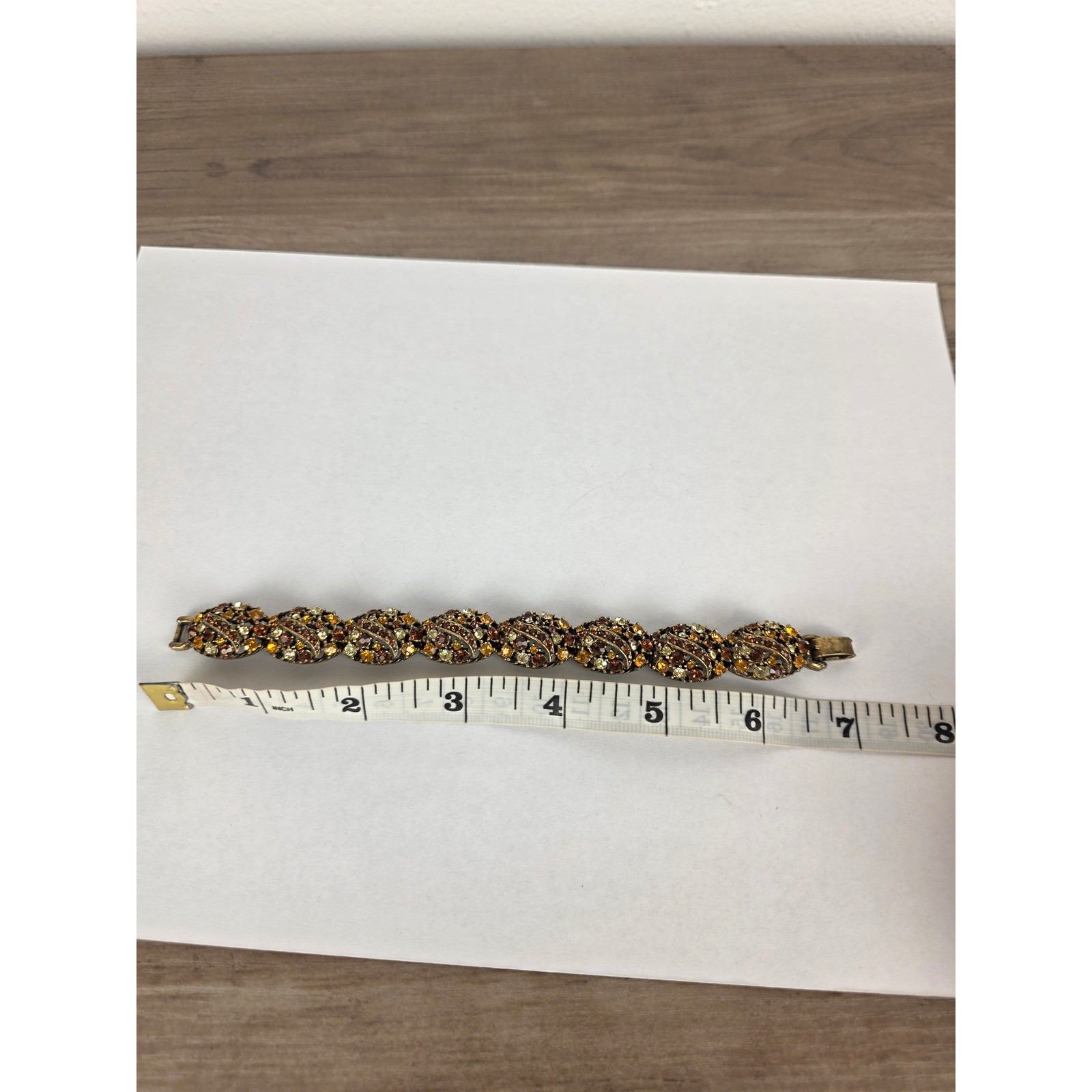 Selini Vintage Gold Tone Multi Amber Rhinestone Filigree Link Bracelet 7.25in