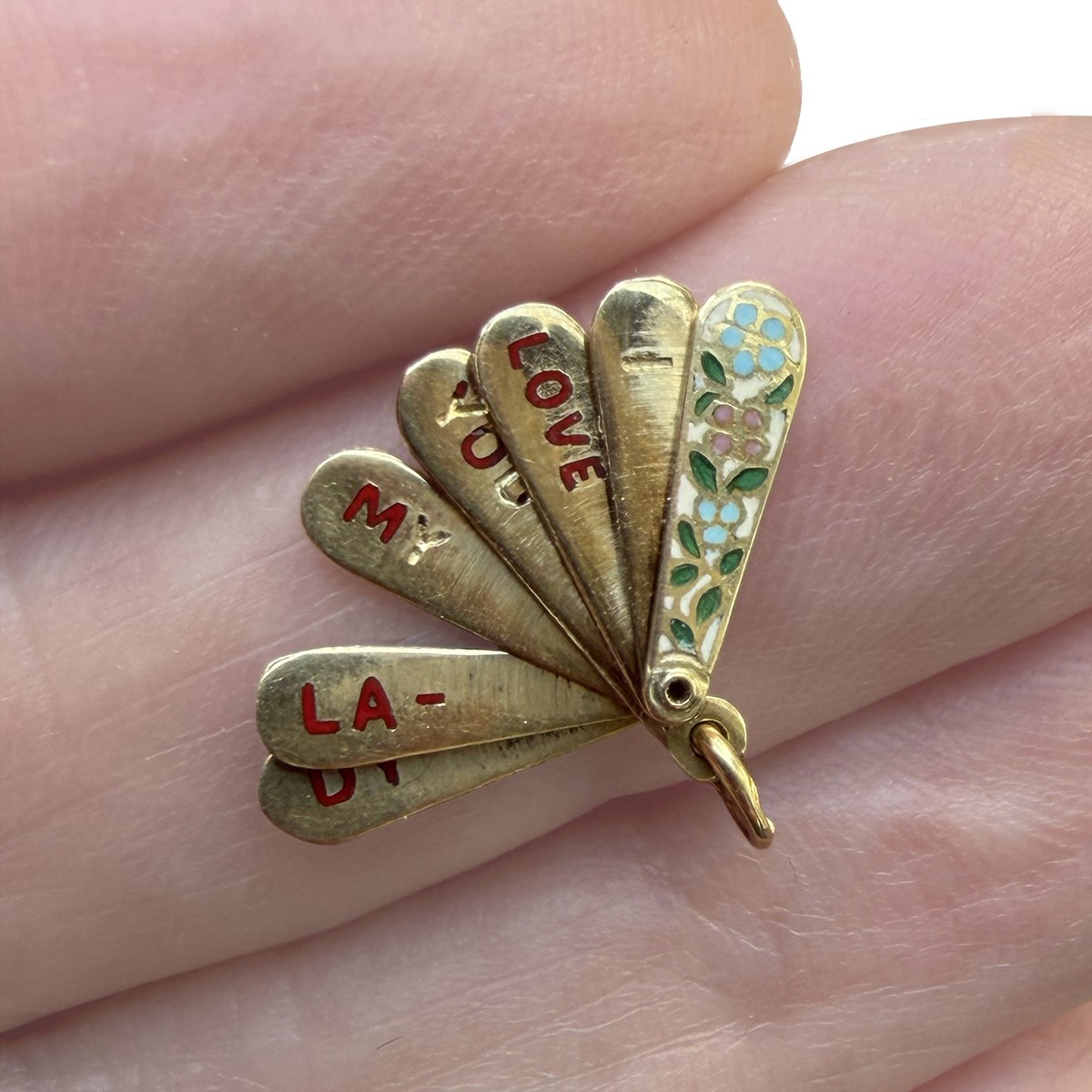 Rare 1930s 14K Gold Enamel Fan Charm Opens Secret Love Message Art Deco