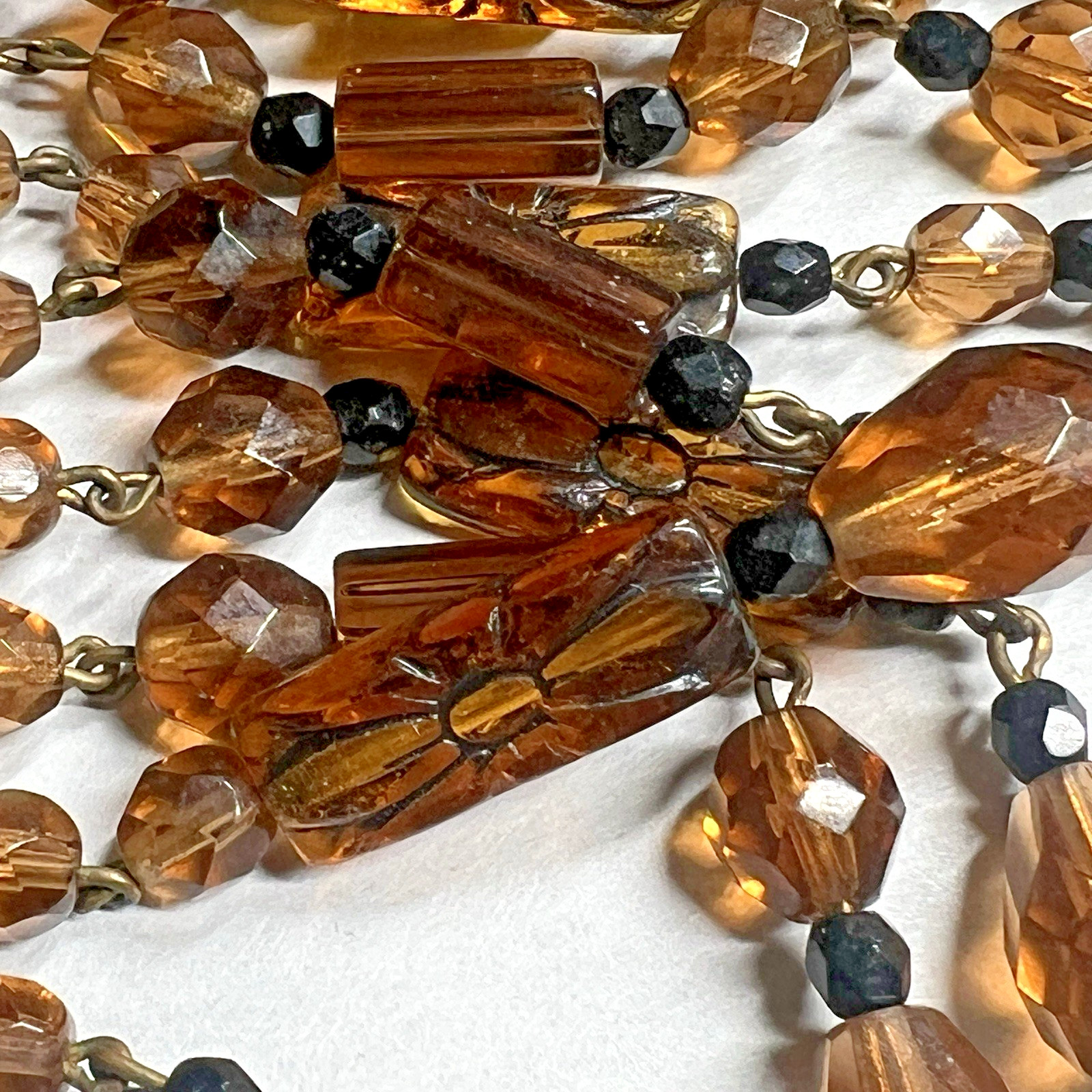 Vintage Amber Glass Beaded Choker Fringe Statement Necklace Collar Bib 15″-18”