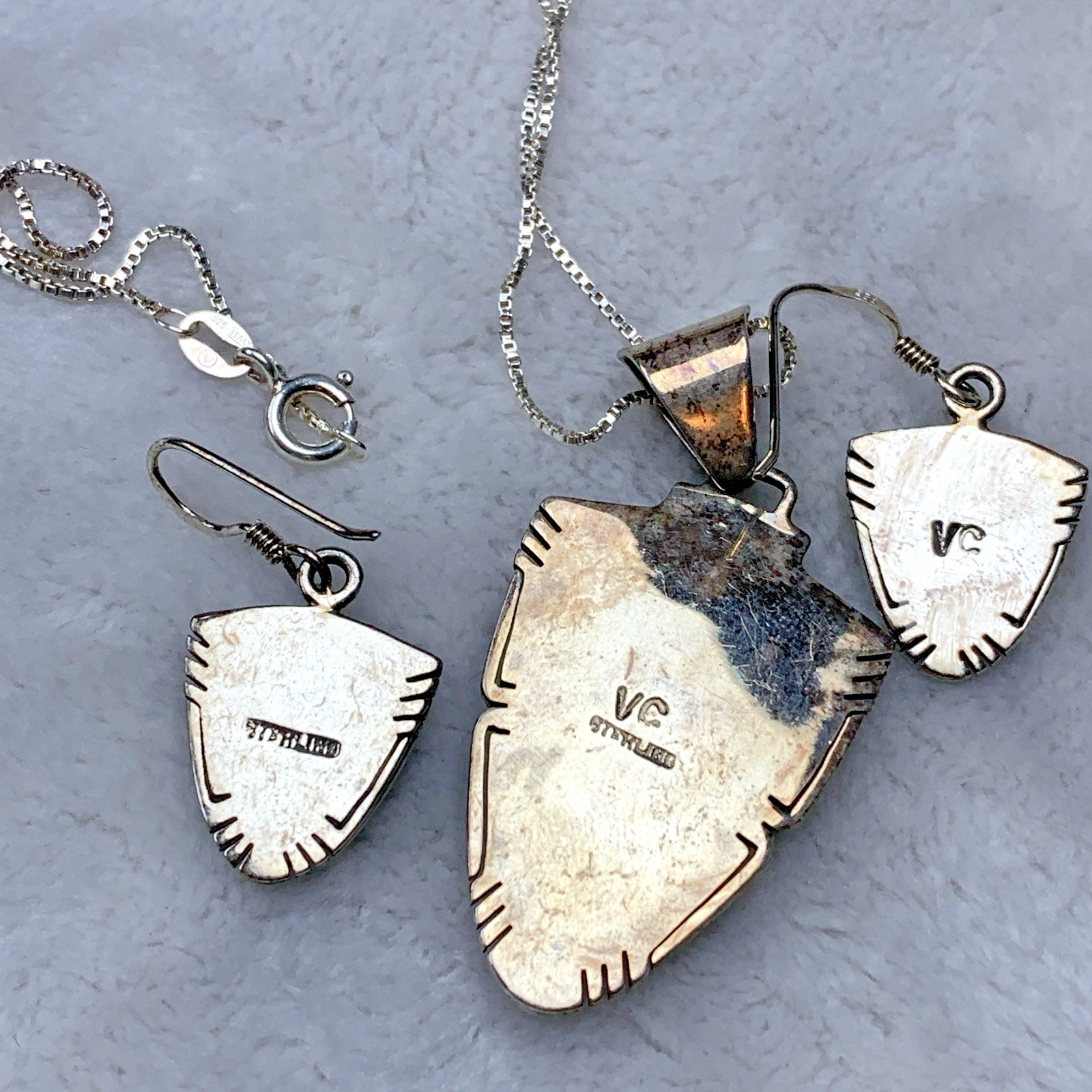 VTG Sterling Silver 925 Southwest Inlay Village Necklace Earring Set Signed VC