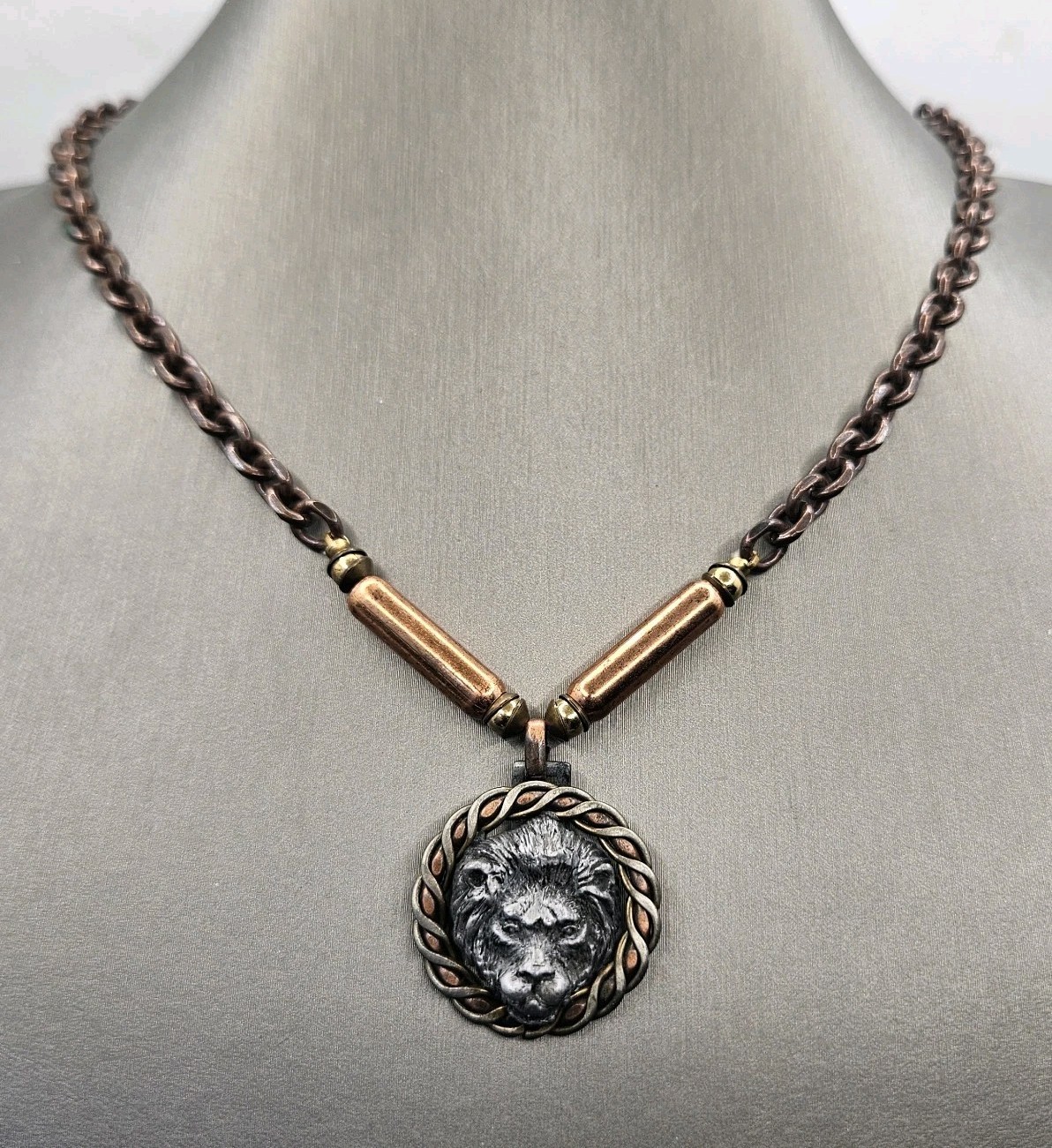 Vintage Lion Head Pendant Necklace Mixed Metal Pewter Copper Bronze Tone Chain