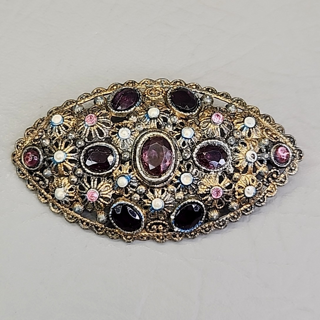 Vintage New England Glassworks Brooch Purple Rhinestones Needs Repair 3″