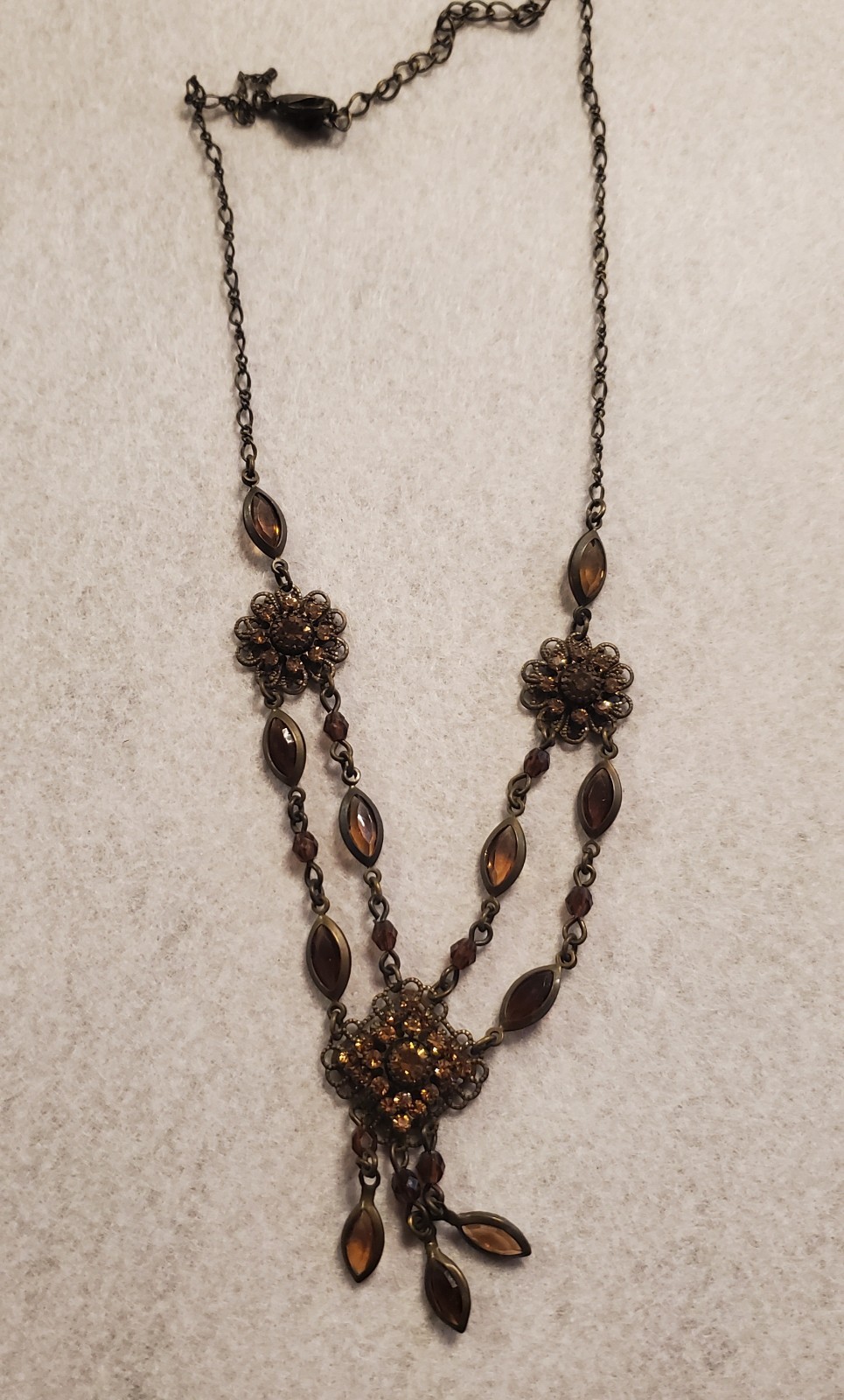 Vintage Filigree Necklace With Brown Topaz and Citrine Rhinestones