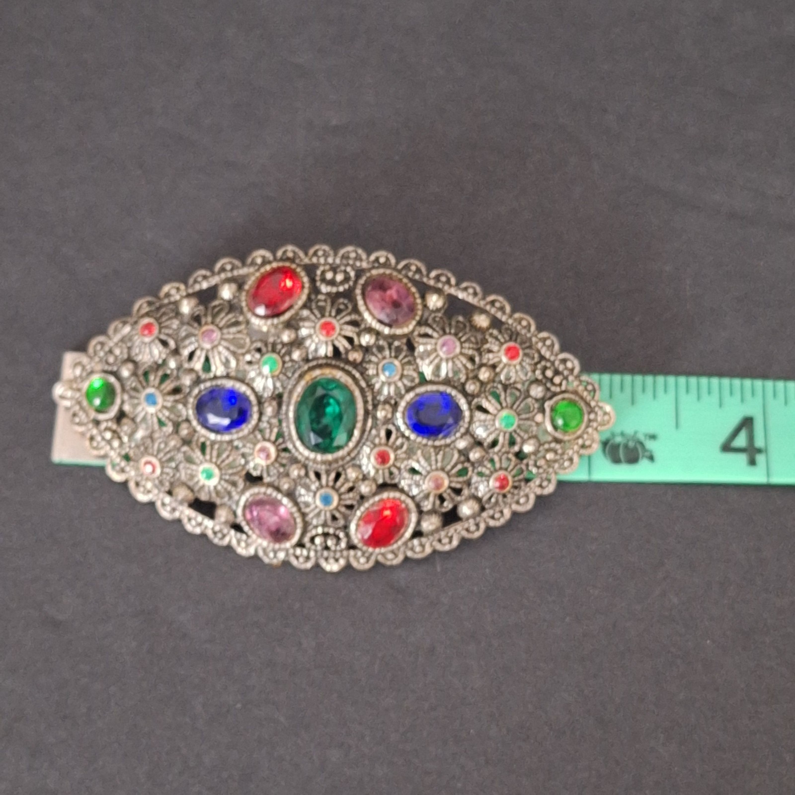 New England Glass Works Brooch Silver Tone Floral Filigree Czech Rhinestones VTG