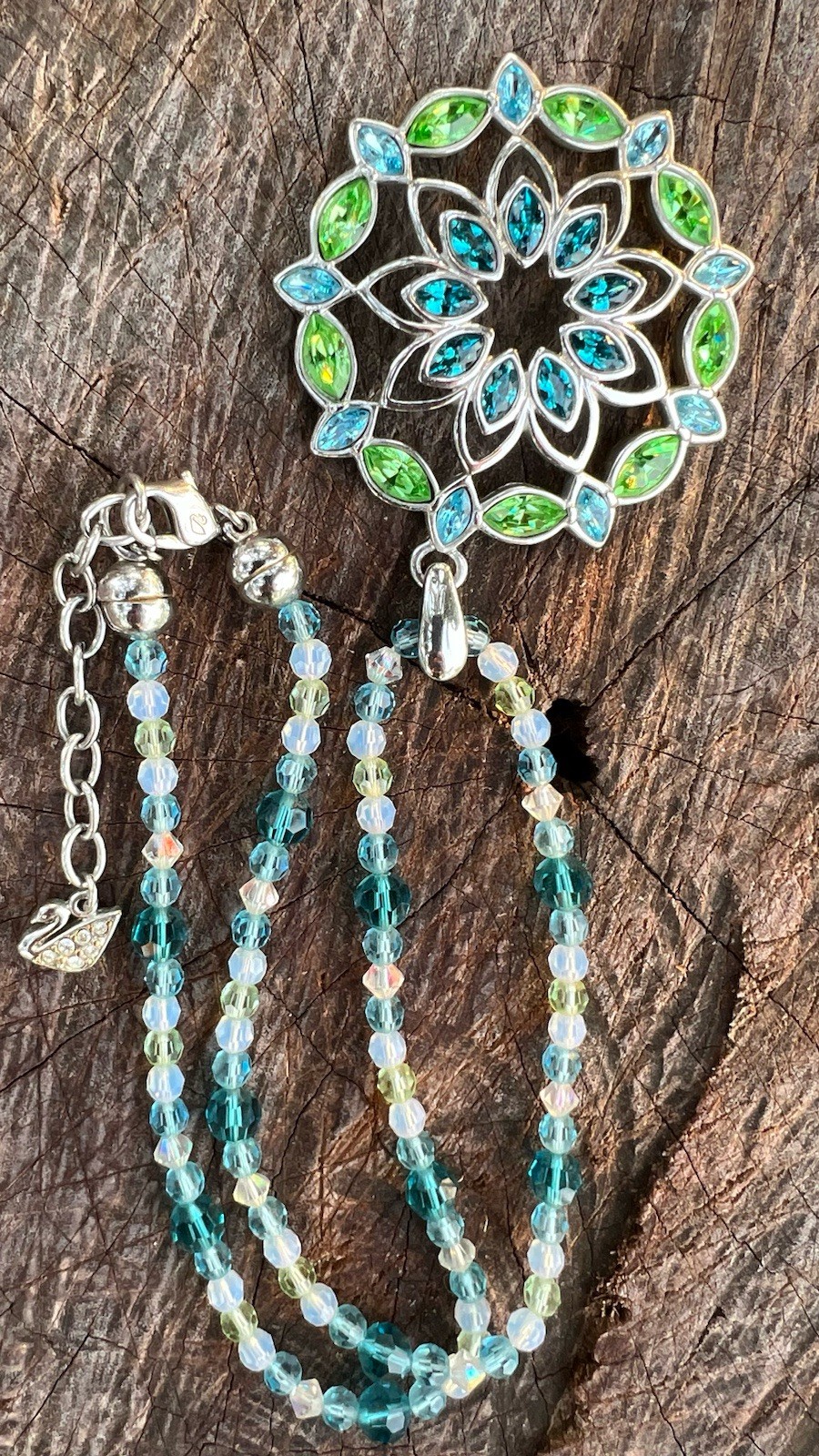Swarovski Crystal Mandala Medallion Statement Necklace Blue Green Teal Swan VTG