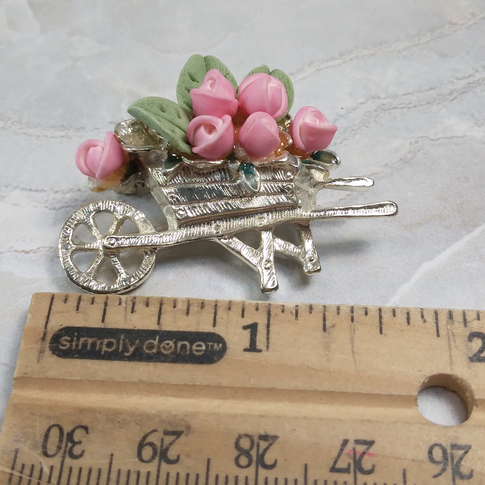 Vintage Silver Tone Wheelbarrow Cart w/Enameled Pink Rose Bud Bouquet Brooch Pin