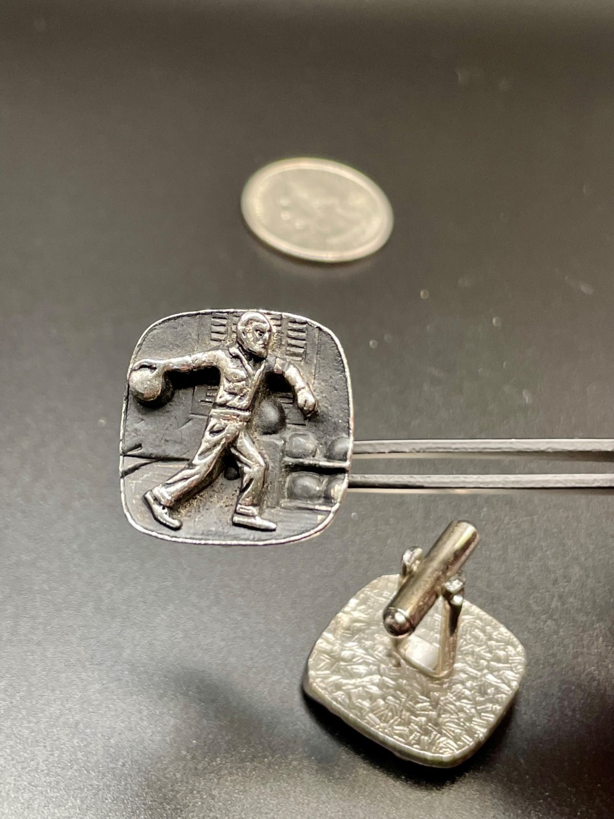 Vintage Bowling Alley Bowler Figural Cufflinks Silver Tone Bas Relief MCM