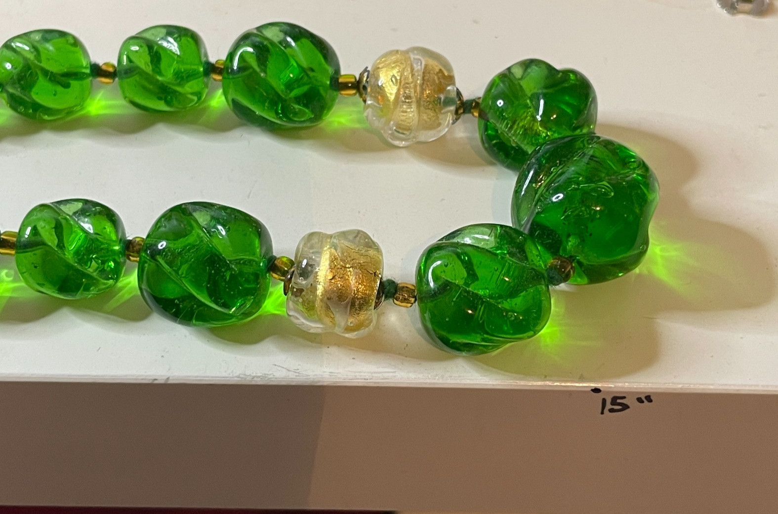 Vtg MURANO Chunky Glass Bead Necklace w Tag Handmade Italy Green Gold Foil NWT