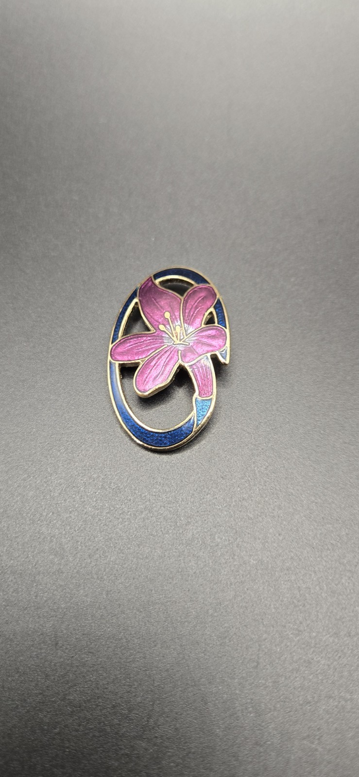 Vintage Cloisonne Cobalt Violet Blue Lily Flower Circular Brooch Classy Style