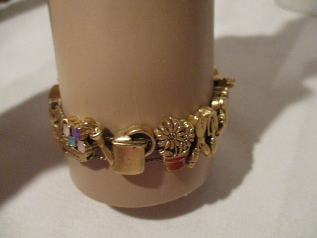 Vintage Brass & Enamel Gardening Slide Bracelet 7 1/4″ L x 3/4″ W
