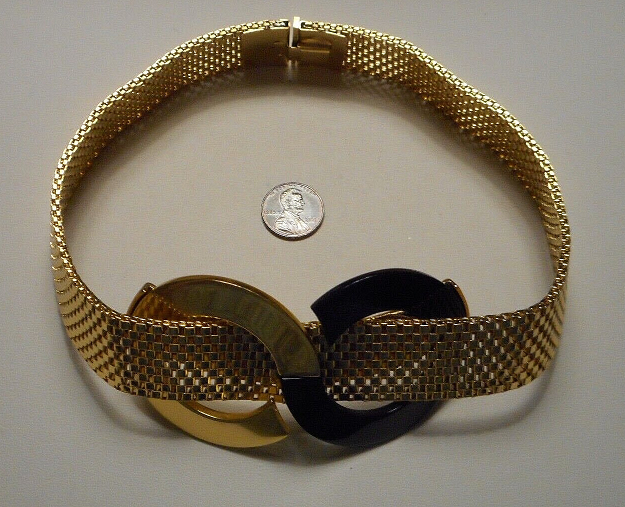 Vintage Orena Paris French Wide Woven Gold-tone Link Collar Necklace w Mod Motif