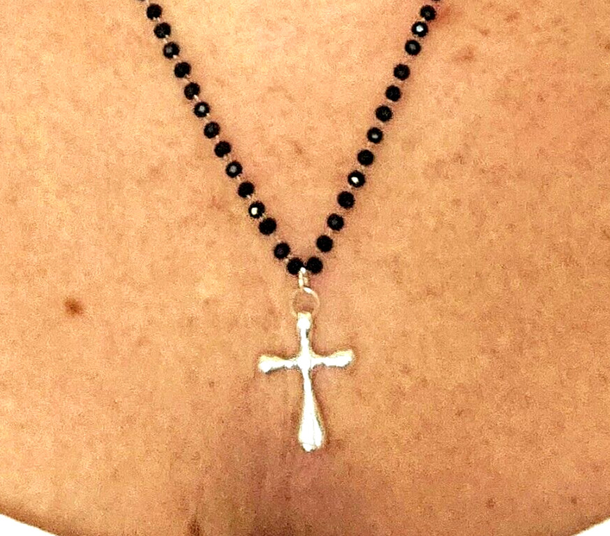 Sterling Silver Cross Necklace Adjustable Black Rosary Chain Lightweight