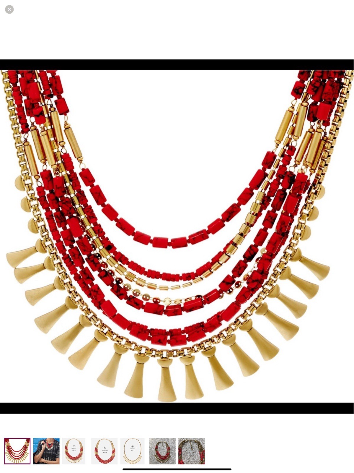 Stella & Dot Bliss Convertible Red, Antique Gold Tone Statement Necklace- GUC!