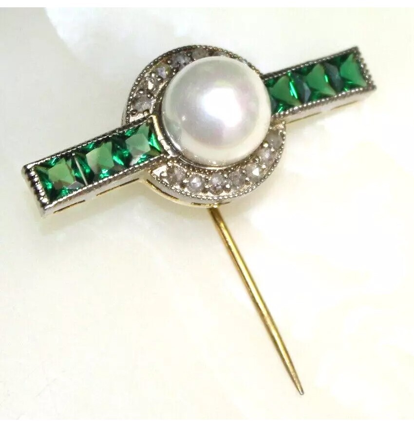 0.85ct Rose Cut Diamond 925 Silver Emerald Pearl Anniversary Wedding Stick Pin