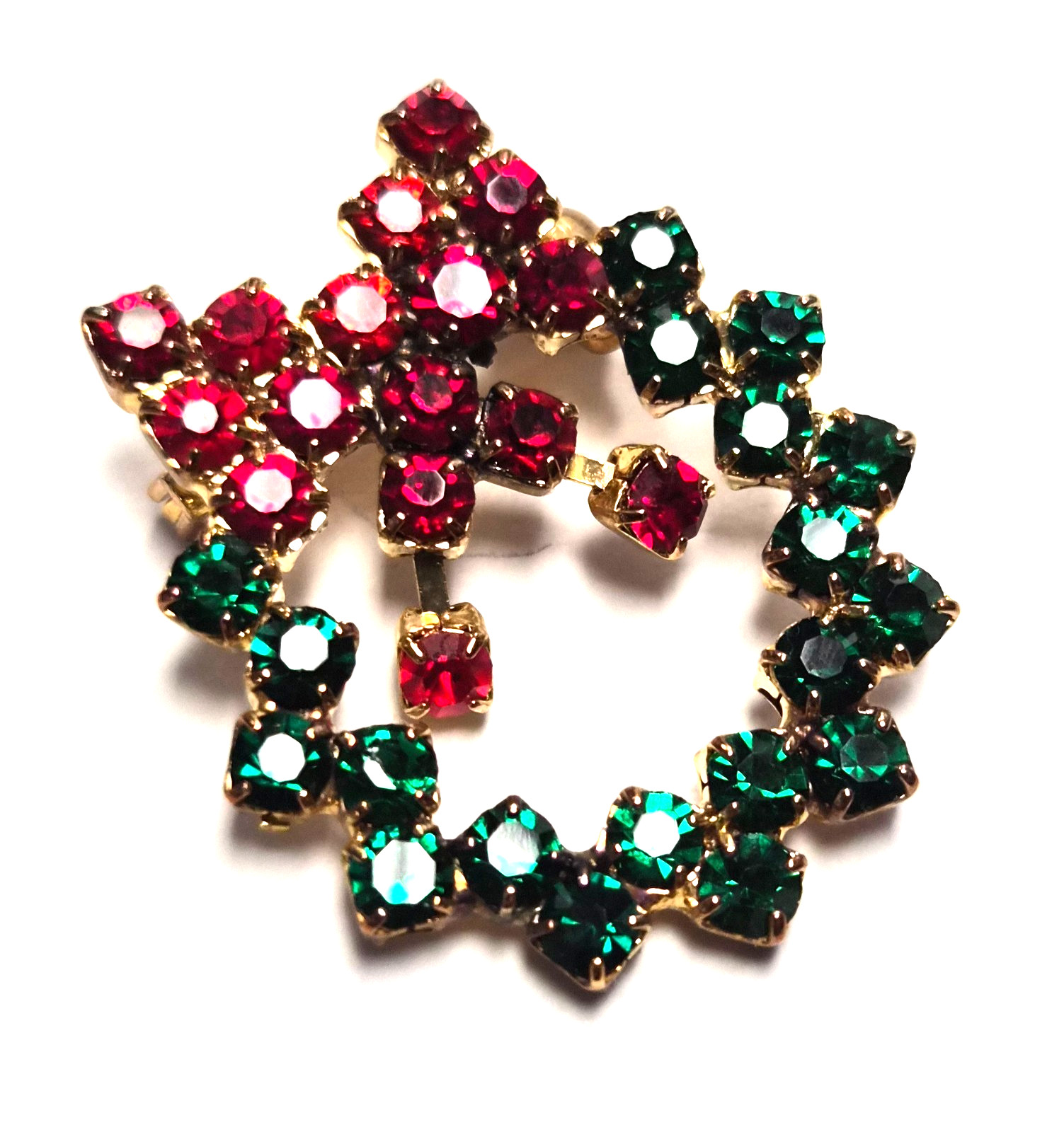 Vintage Small Christmas Red & Green Rhinestone Wreath Lapel Pin / Brooch