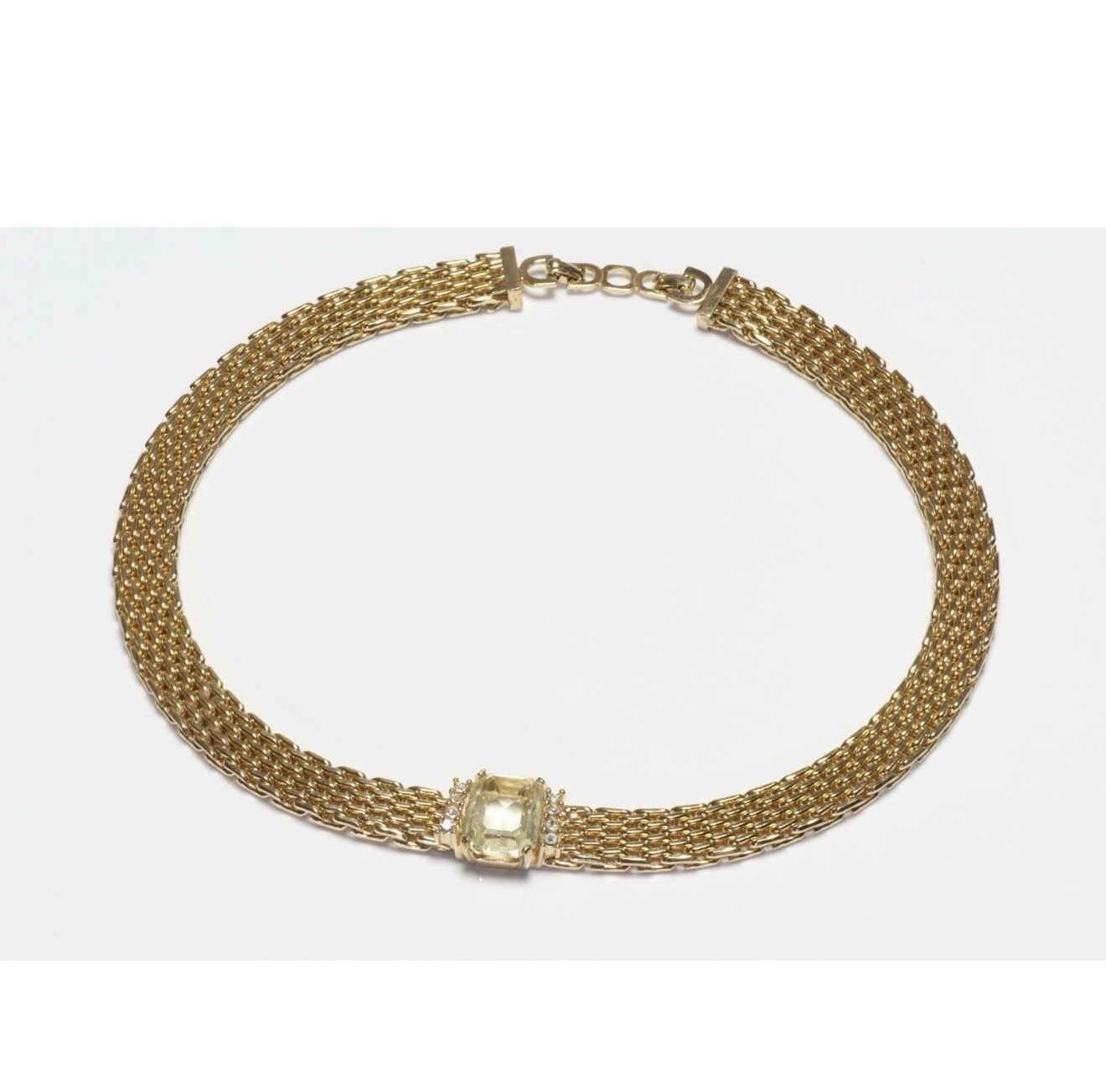 Vintage Christian Dior Gold Plated Metal Mesh Yellow Crystal Collar Necklace