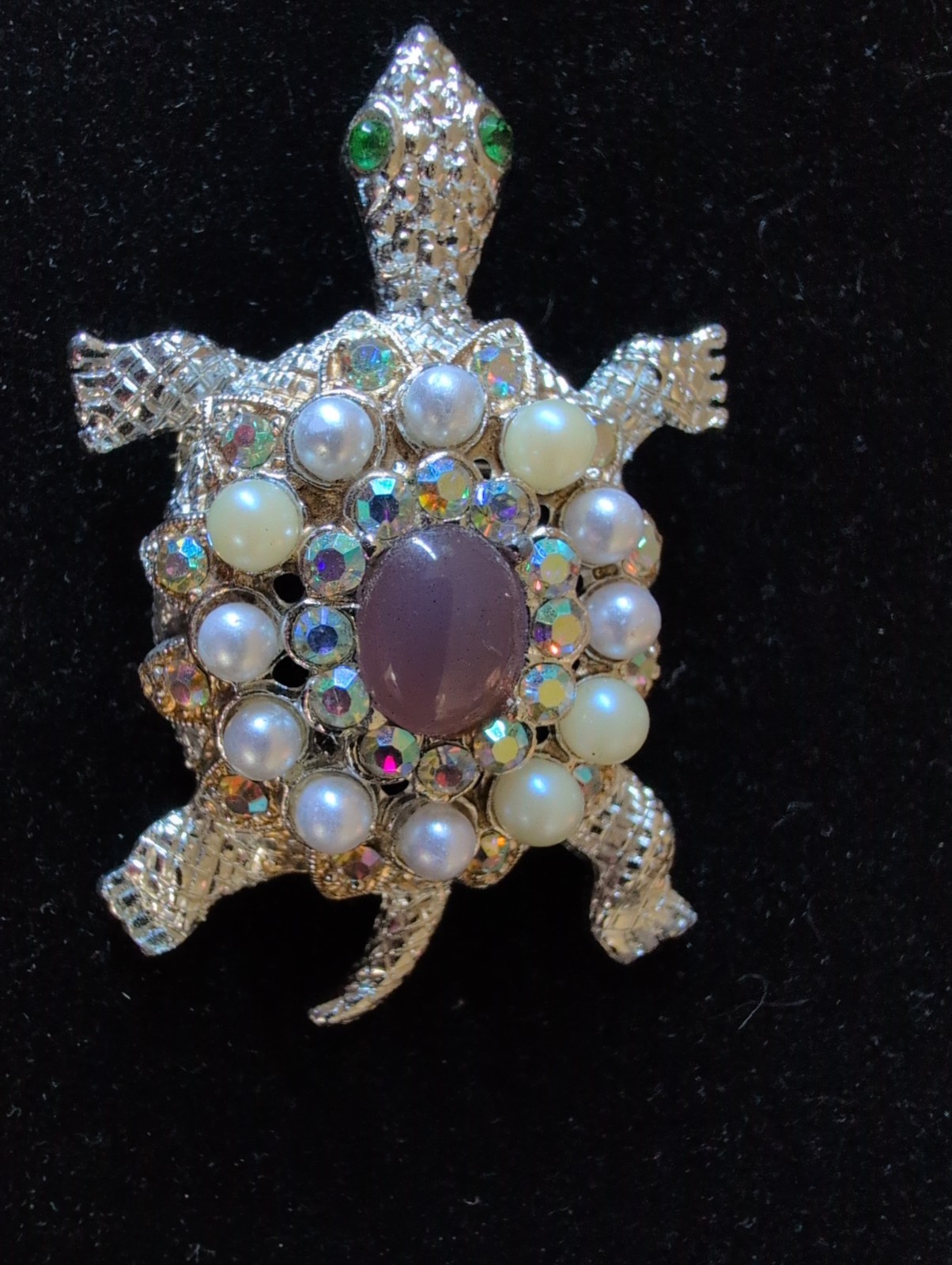 Vintage Turtle Brooch Pin Silver Tone 2.25″ Rhinestone , Pearl, AB