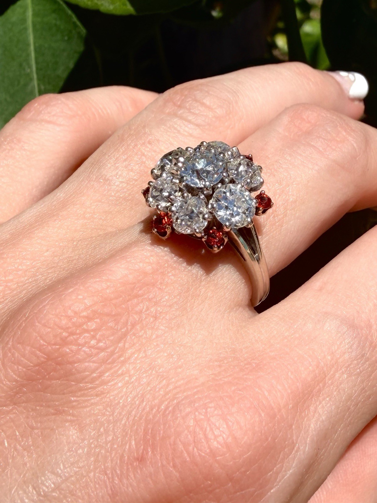 Rare Edwardian 4.43ct Old European Mine Cut Diamond Orange Sapphire Cluster Ring