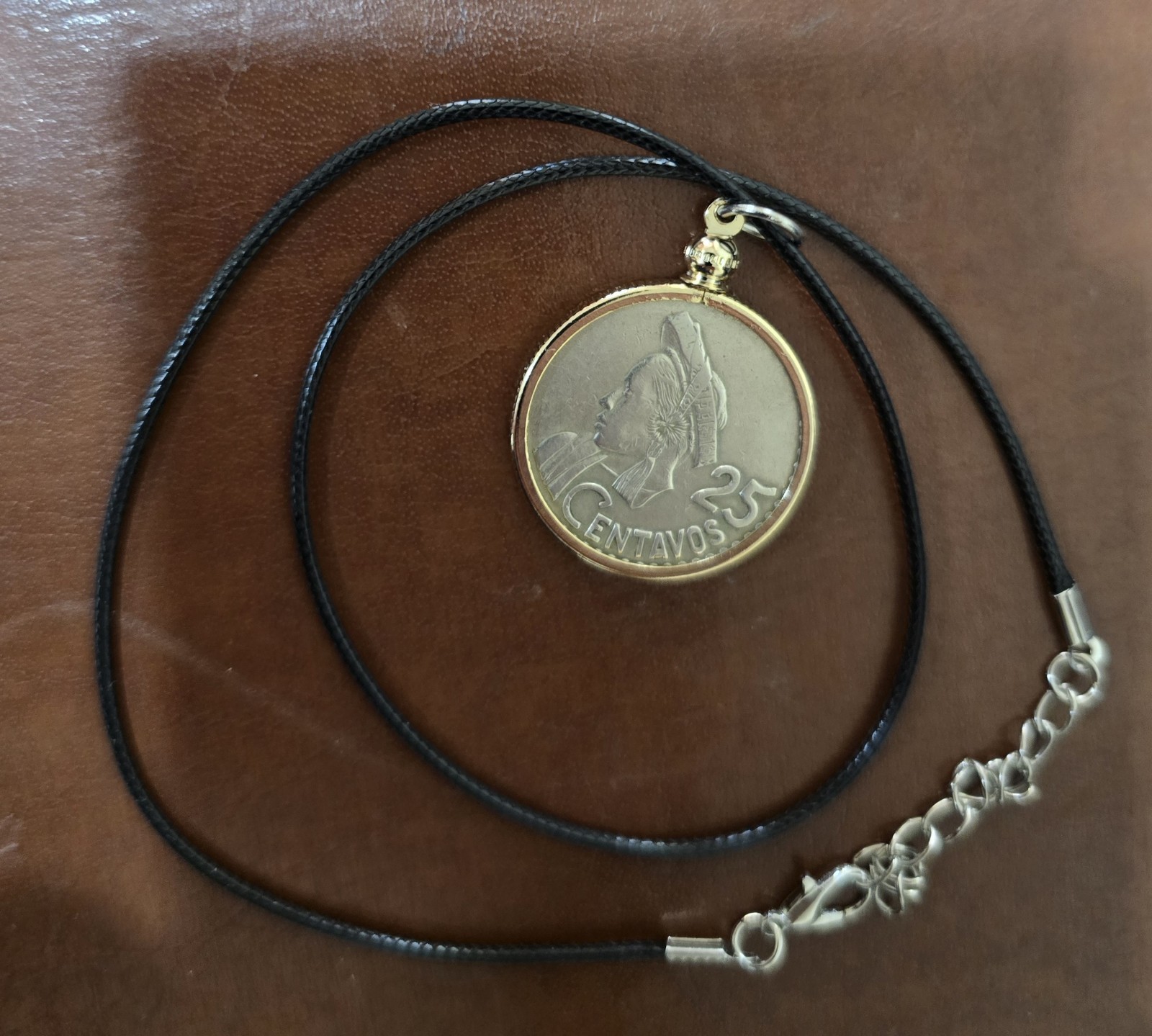Coin Pendant Necklace Guatemala 1965 with Black Cord Vintage Jewelry Gift