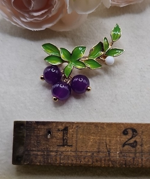Vintage Blueberry Grape Enamel Brooch Pin Purple Green White Statement Fruit