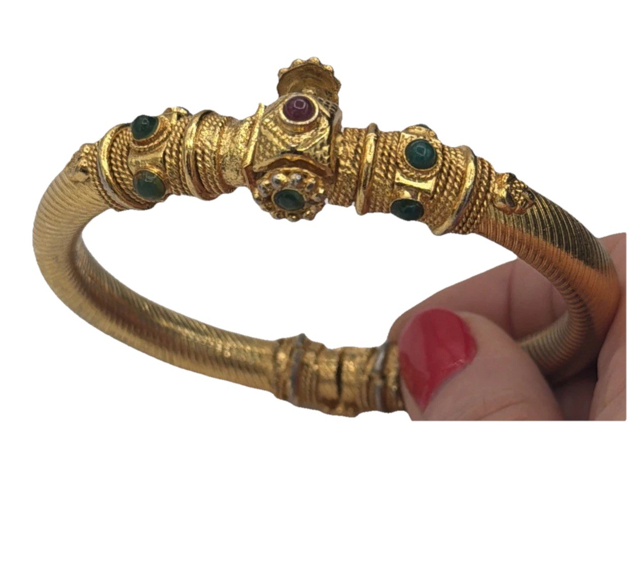 Vintage 18K Gold Plated Bracelet Ornate Green & Red Gemstone Design Elegant