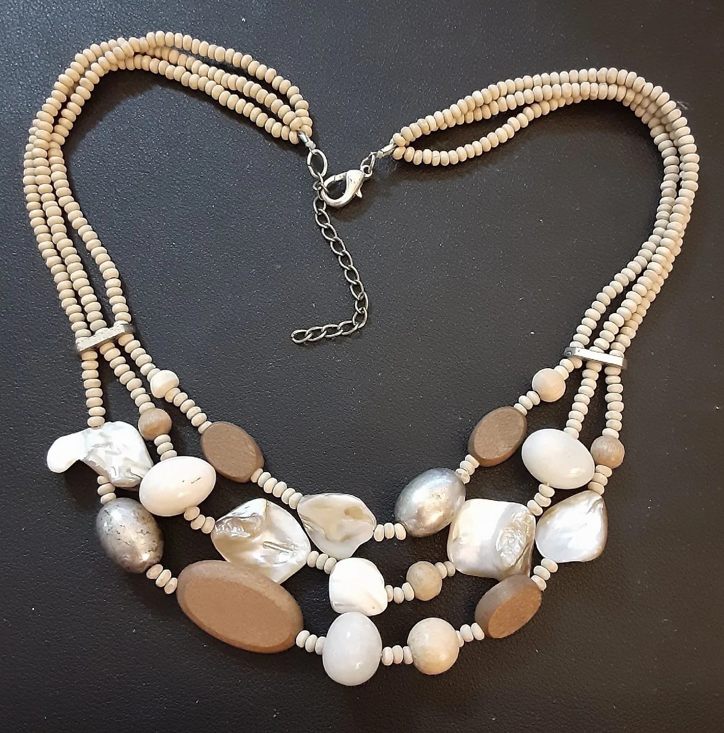 Vintage Shell mop Glass and Wood Bead Necklace Triple Strand
