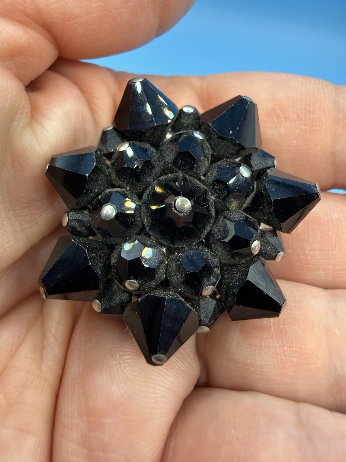 Vintage Black Faceted Glass Flower Star Pin Brooch 1 1/2 inches Across