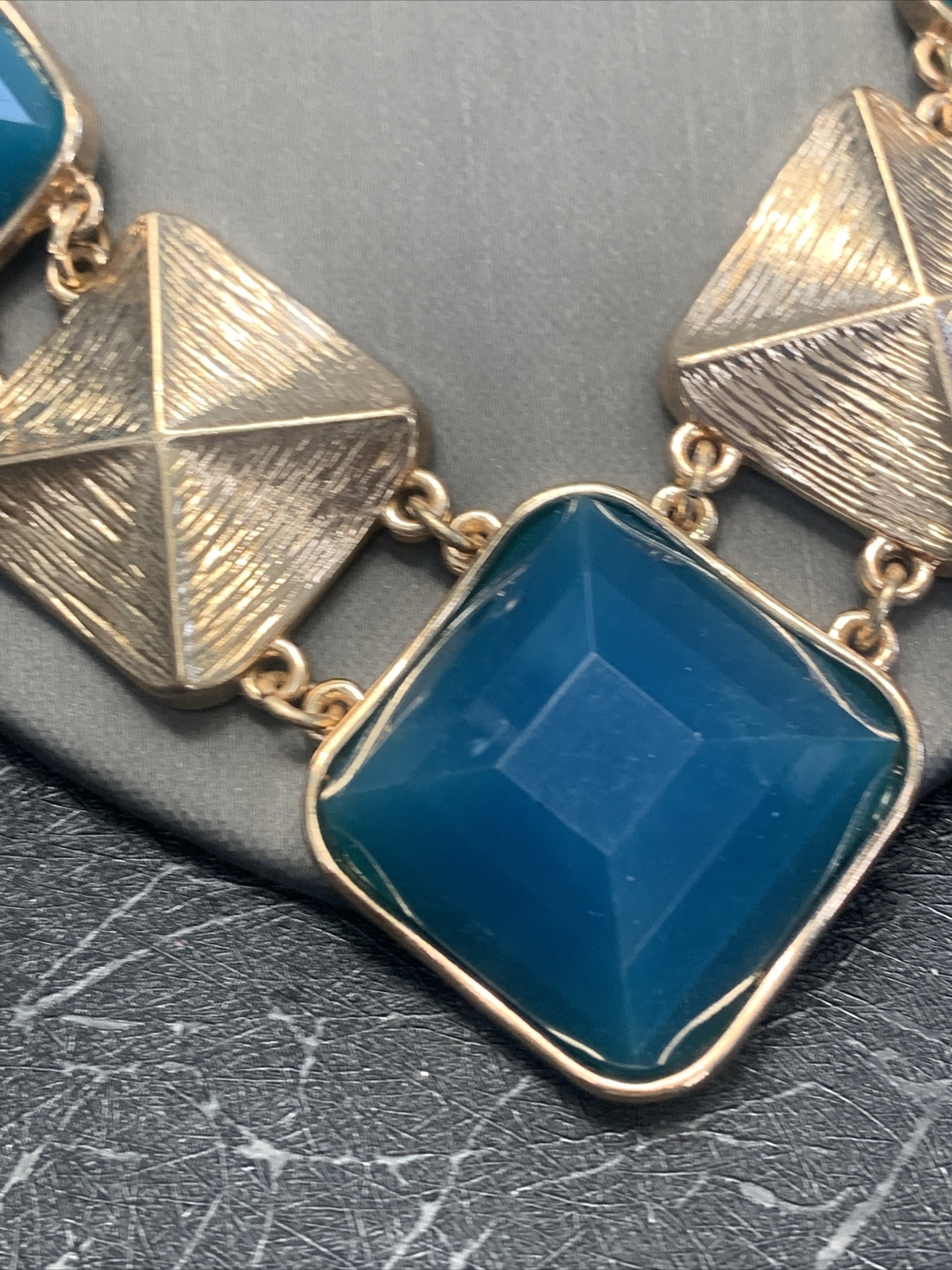 Vintage Teal Blue, Golden Chain, Bib Statement Necklace 18”