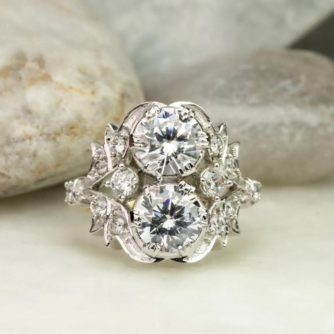 Vintage Art Deco Style Round Cut Lab Created Diamond Engagement 14K Gold FN Ring