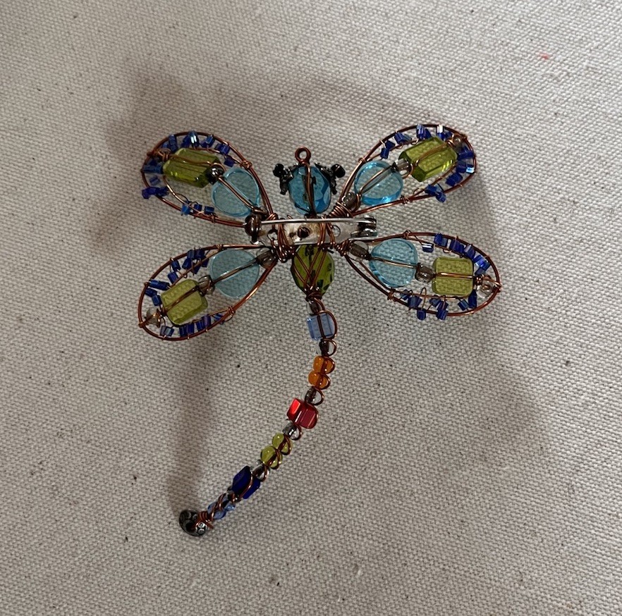 Vintage Handmade Copper Wire Multicolor Glass Beaded Dragonfly Large 4” Brooch