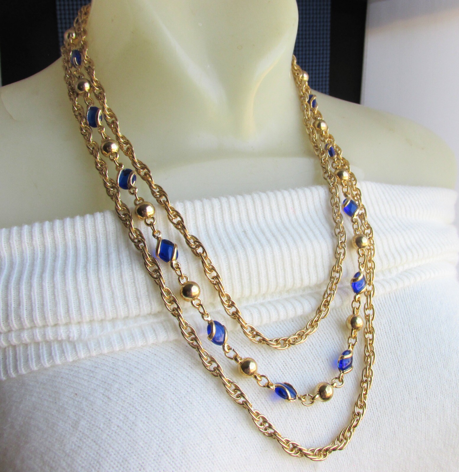 Vintage Electric Blue Glass & Metal Bead Necklace 3 Rows Gold Plate