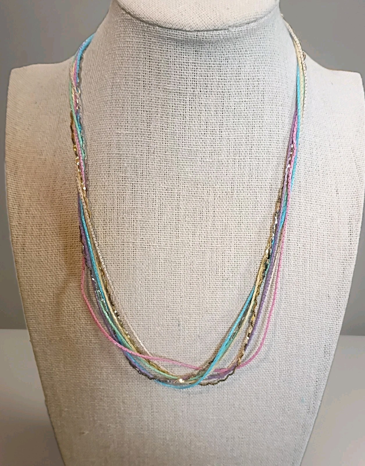 Vintage Enameled Multi Color 8 Strand 18″ Necklace Pastel And Gold Tone