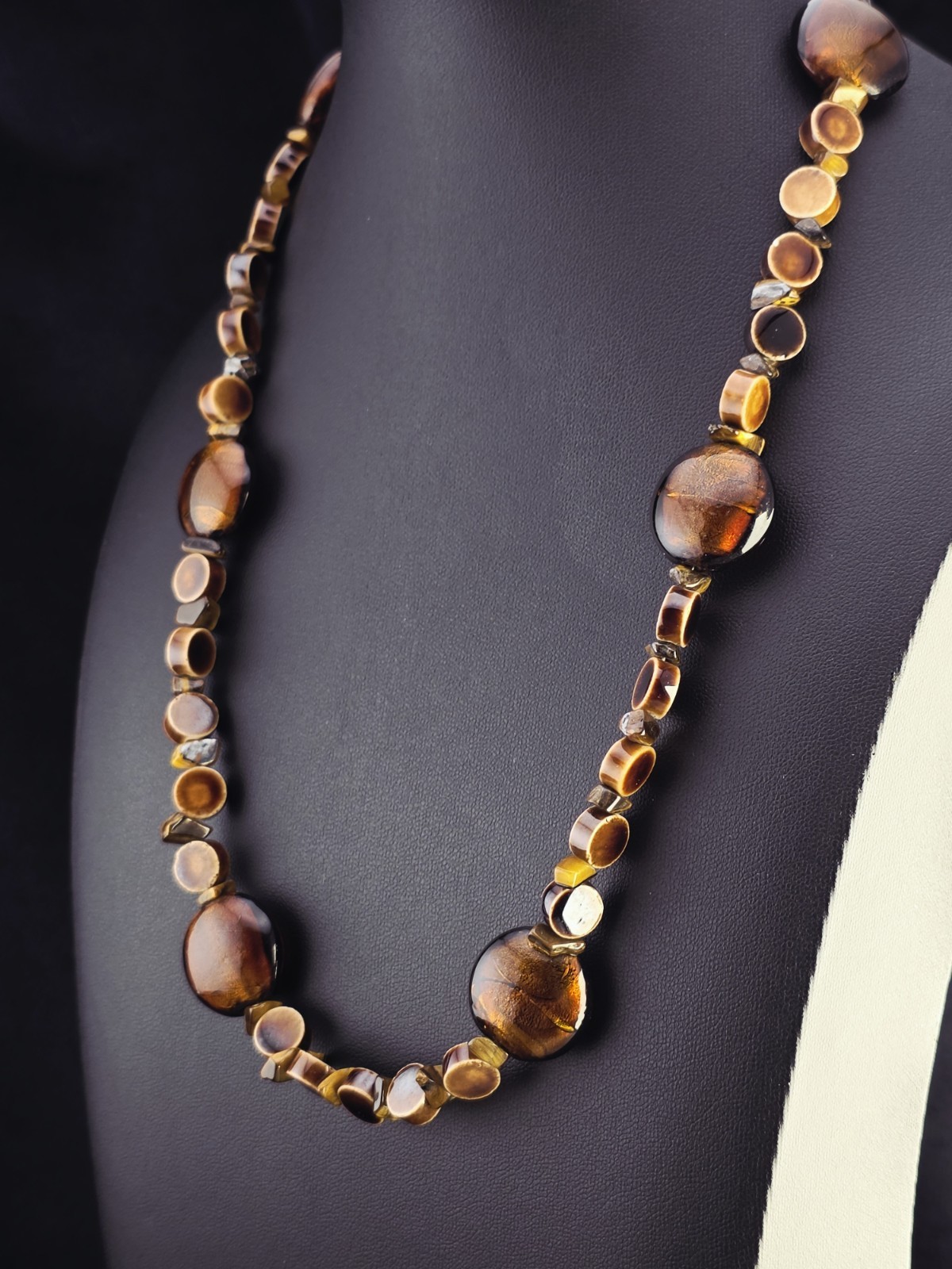 Vintage TIGER’S EYE Glass Goldstone Necklace Chunky BOHO Earthy Statement 21″