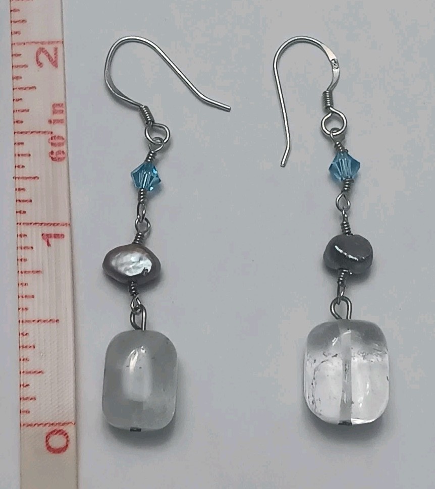 Vintage Sterling Silver Blue Purple Pearl And Quartz Earrings 925 Tested