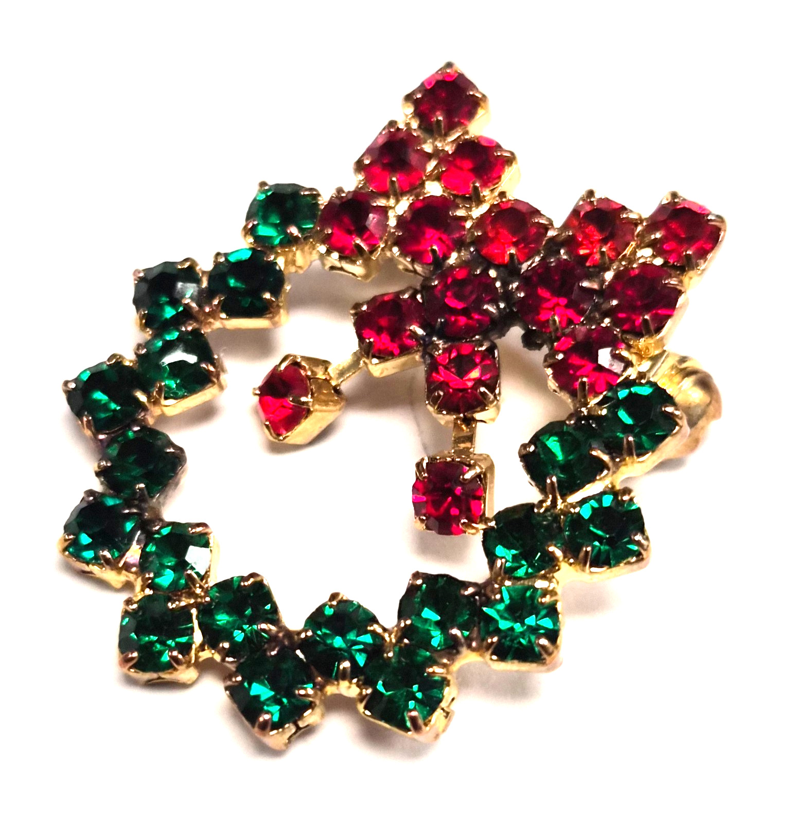 Vintage Small Christmas Red & Green Rhinestone Wreath Lapel Pin / Brooch