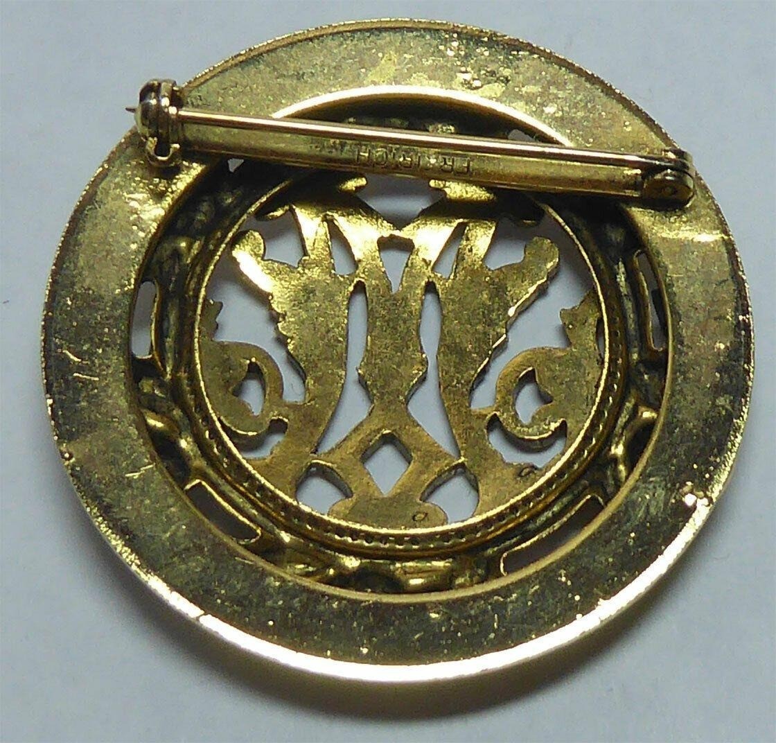 Vintage Freirich Gold Tone Brooch Green Enamel Monogram Colonial Williamsburg CW