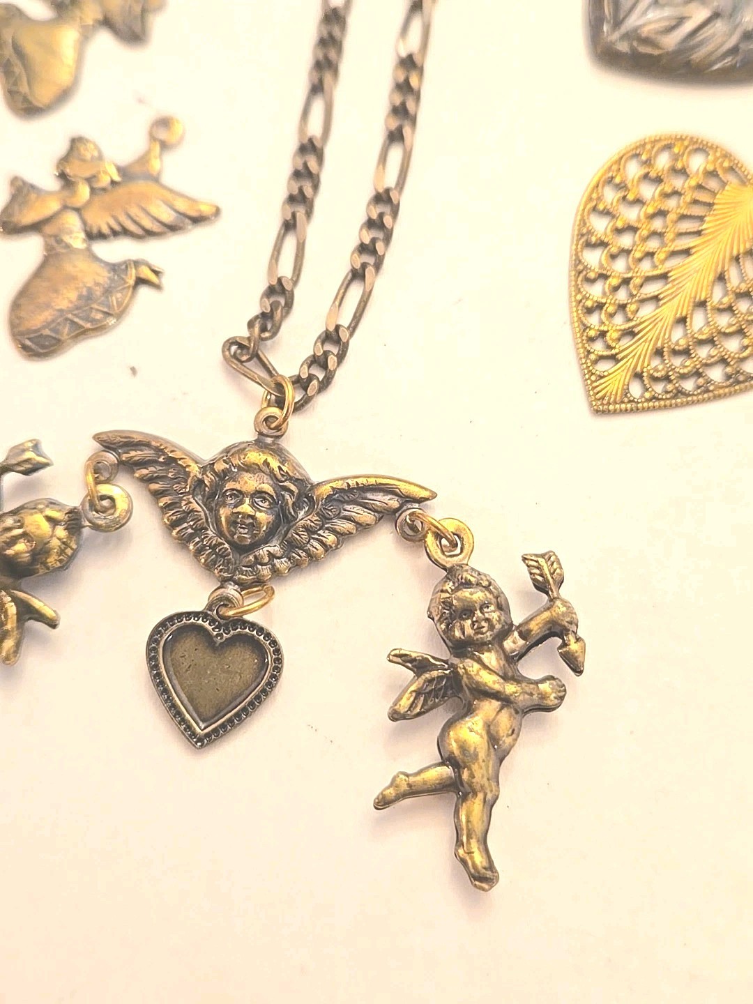 Vintage Cherub Heart Charm Lot Statement Necklace Victorian Revival Romantic