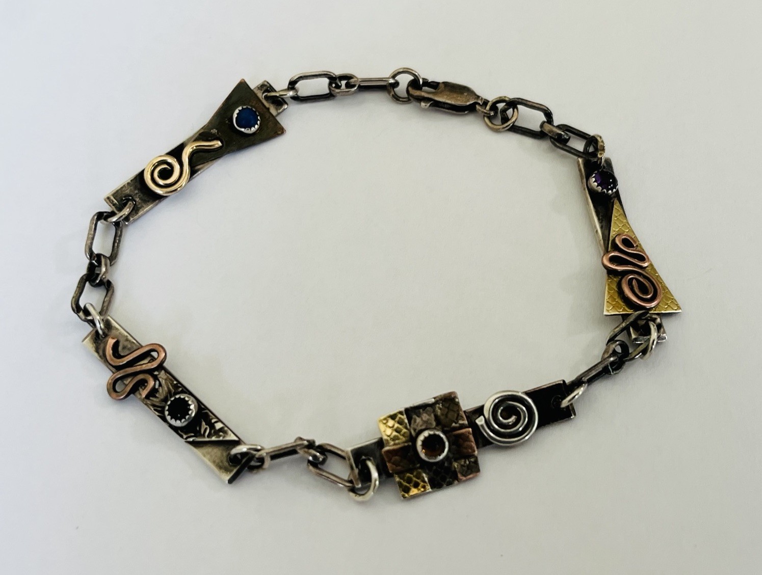 Vintage Signed MA Modernist Mixed Metal Sterling Silver Stone Link Bracelet