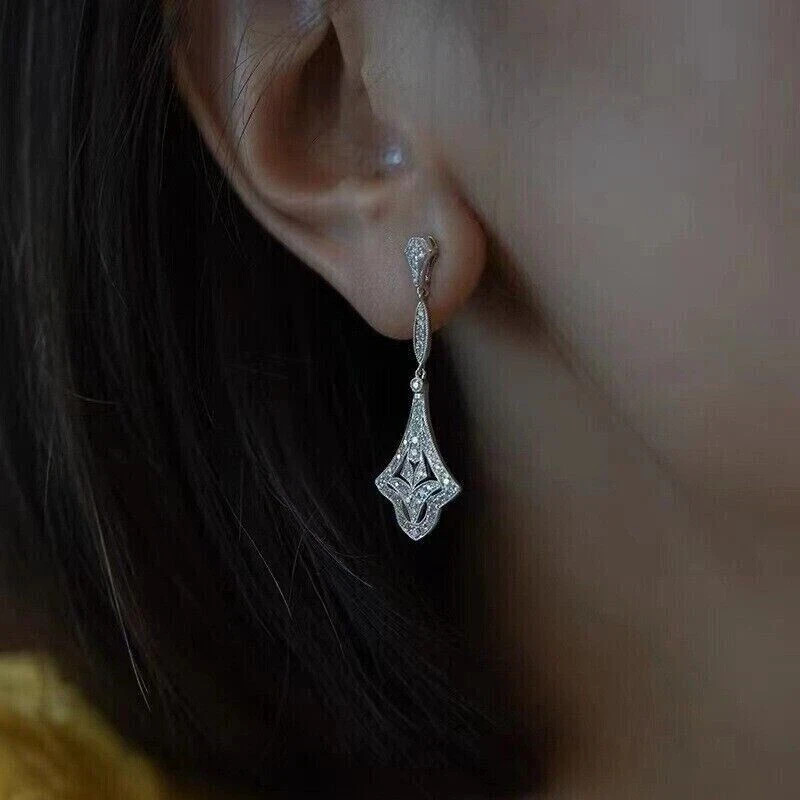 Art Deco Style Round Diamond Wedding 14K White Gold Finish Drop Dangle Earrings